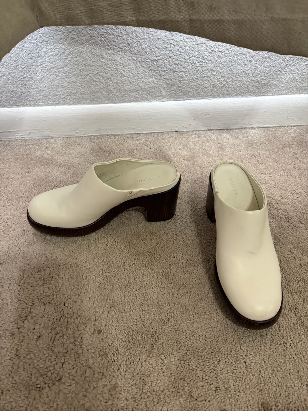 Vince Cream Leather Slip-On Mules with Wood-Effect Block Heel